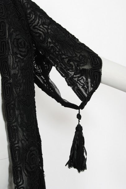 1910&#39;s Henriette Favre Paris Couture Embroidered Net-Lace Fringed Jacket