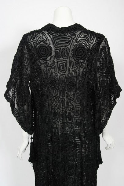 1910&#39;s Henriette Favre Paris Couture Embroidered Net-Lace Fringed Jacket