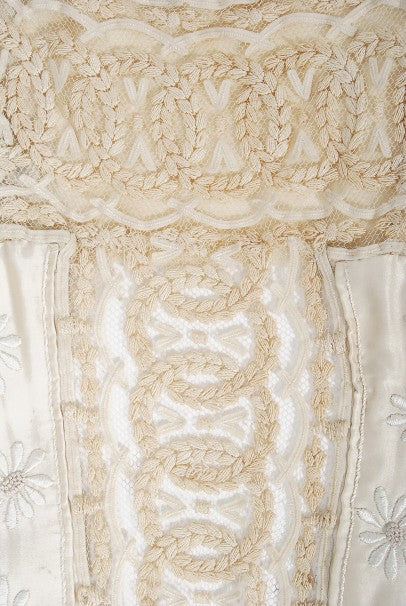 1910&#39;s Ivory Candlelight Embroidered Net-Lace &amp; Silk Satin Trained Bridal Gown