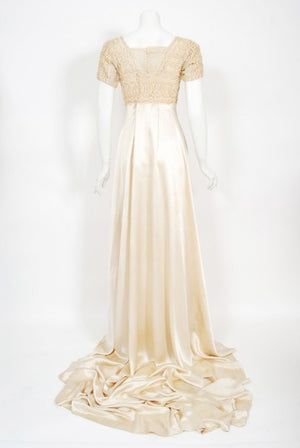 1910's Ivory Crème Embroidered Net-Lace & Silk Satin Trained Bridal Gown
