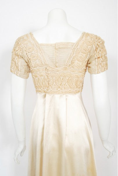 1910&#39;s Ivory Candlelight Embroidered Net-Lace &amp; Silk Satin Trained Bridal Gown