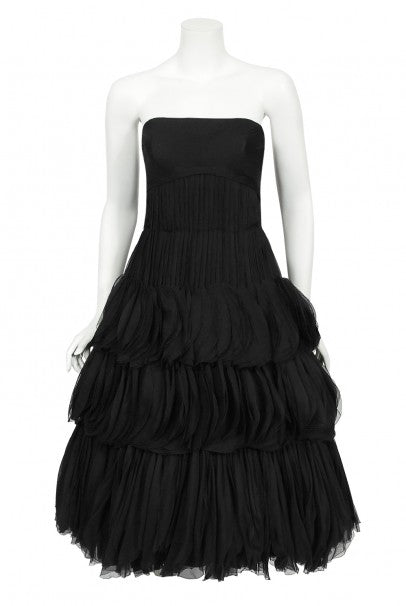 1955 Jean Desss Haute Couture Documented Black Chiffon Petal Dress 1955 Jean Desss Haute Couture Documented Black Chiffon Petal Dress