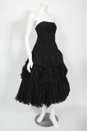 1955 Jean Dessès Haute Couture Documented Black Chiffon Petal Dress