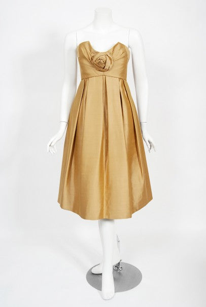 1958 Yves Saint Laurent For Christian Dior Golden Silk Strapless Dress - Timeless Vixen 1958 Yves Saint Laurent For Christian Dior Golden Silk Strapless Dress - Timeless Vixen