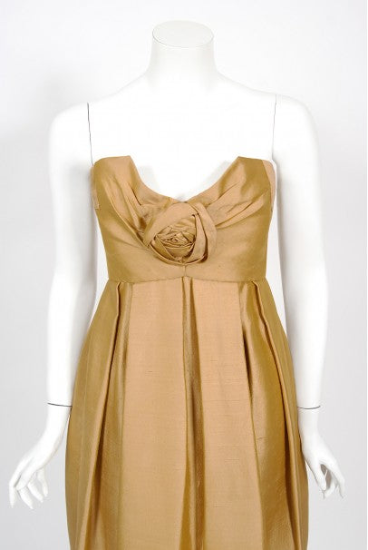 1958 Yves Saint Laurent For Christian Dior Golden Silk Strapless Dress