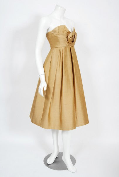1958 Yves Saint Laurent For Christian Dior Golden Silk Strapless Dress