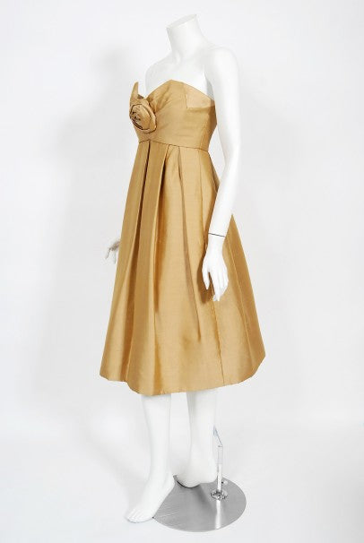 1958 Yves Saint Laurent For Christian Dior Golden Silk Strapless Dress
