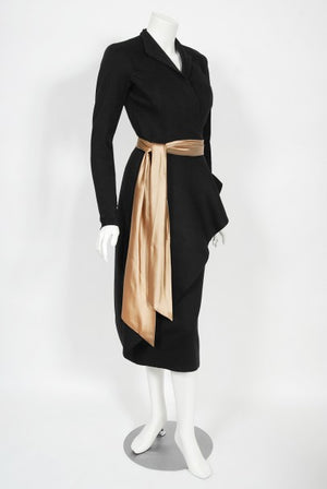 1949 Lanvin Haute Couture Sculpted Black Wool Documented Dress