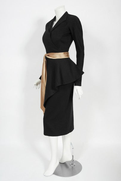 1949 Lanvin Haute Couture Sculpted Black Wool Documented Dress