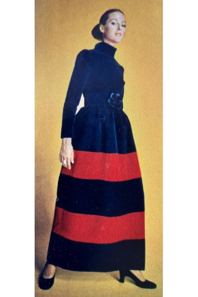 1964 Nina Ricci Couture Silk-Velvet Rainbow Stripe Block Color Belted Maxi Dress