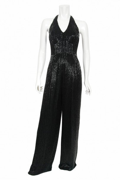 1970&#39;s Black Fully-Beaded Silk Satin Halter Custom Couture Jumpsuit