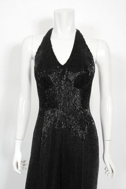 1970's Black Fully-Beaded Silk Satin Halter Custom Couture Jumpsuit