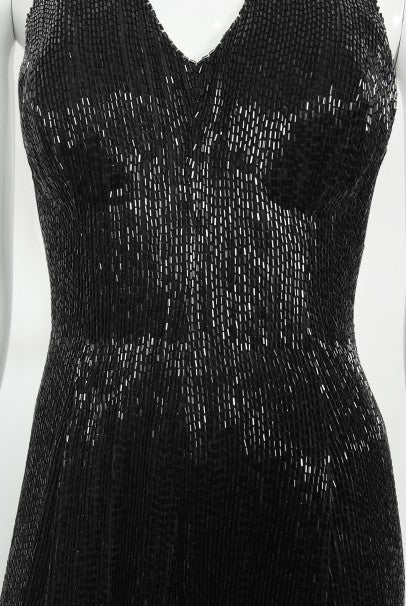 1970&#39;s Black Fully-Beaded Silk Satin Halter Custom Couture Jumpsuit