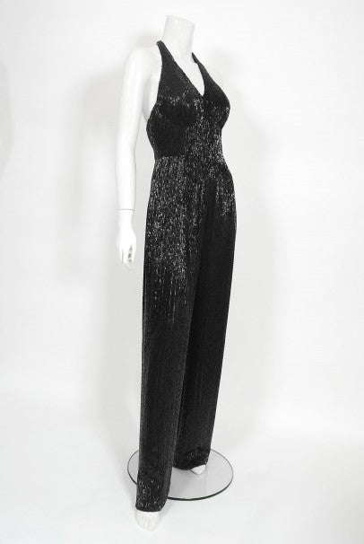 1970&#39;s Black Fully-Beaded Silk Satin Halter Custom Couture Jumpsuit