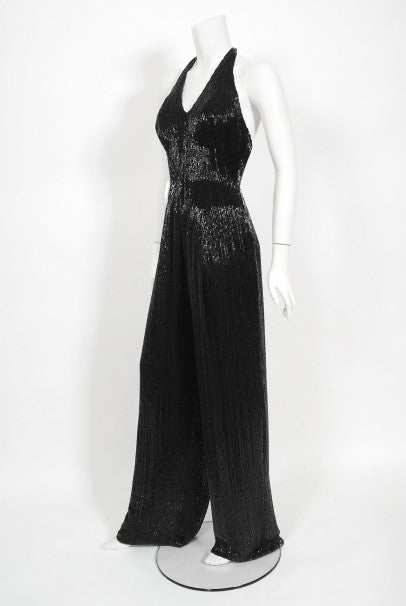 1970&#39;s Black Fully-Beaded Silk Satin Halter Custom Couture Jumpsuit