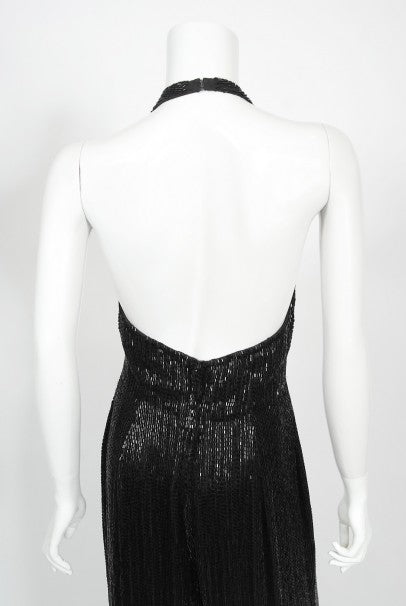 1970&#39;s Black Fully-Beaded Silk Satin Halter Custom Couture Jumpsuit