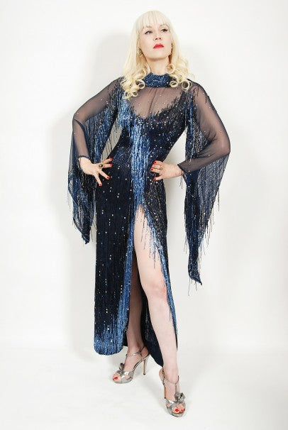 1970&#39;s Bob Mackie For Debbie Reynolds Documented Blue Beaded Silk High-Slit Gown