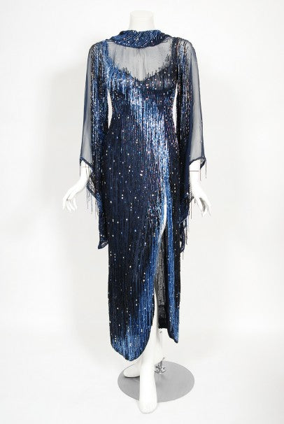 1970&#39;s Bob Mackie For Debbie Reynolds Documented Blue Beaded Silk High-Slit Gown