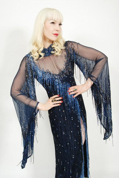 1970&#39;s Bob Mackie For Debbie Reynolds Documented Blue Beaded Silk High-Slit Gown