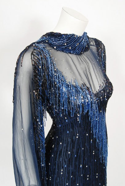 1970&#39;s Bob Mackie For Debbie Reynolds Documented Blue Beaded Silk High-Slit Gown