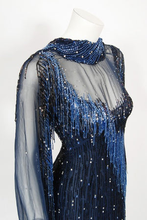 1970's Bob Mackie For Debbie Reynolds Documented Blue Beaded Silk High-Slit Gown