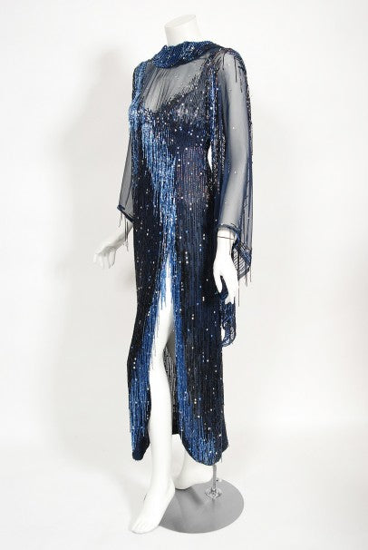 1970&#39;s Bob Mackie For Debbie Reynolds Documented Blue Beaded Silk High-Slit Gown