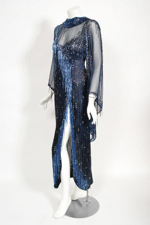 1970's Bob Mackie For Debbie Reynolds Documented Blue Beaded Silk High-Slit Gown