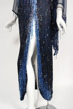 1970's Bob Mackie For Debbie Reynolds Documented Blue Beaded Silk High-Slit Gown