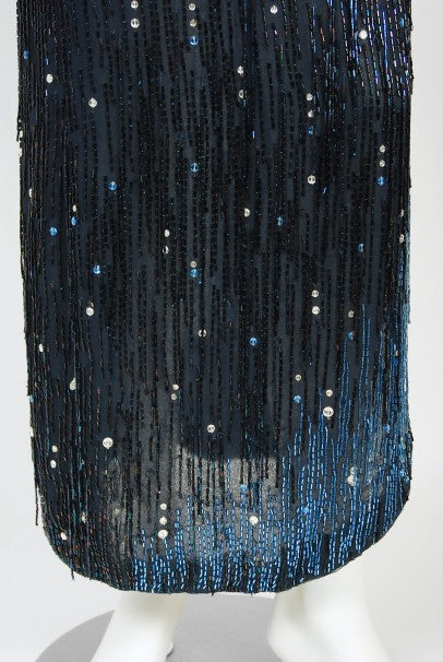 1970&#39;s Bob Mackie For Debbie Reynolds Documented Blue Beaded Silk High-Slit Gown