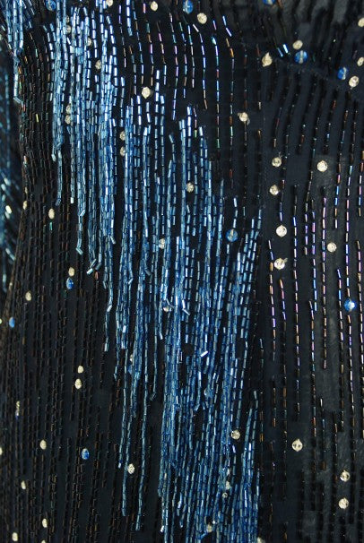 1970&#39;s Bob Mackie For Debbie Reynolds Documented Blue Beaded Silk High-Slit Gown