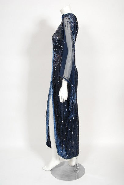 1970&#39;s Bob Mackie For Debbie Reynolds Documented Blue Beaded Silk High-Slit Gown