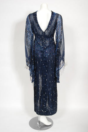 1970's Bob Mackie For Debbie Reynolds Documented Blue Beaded Silk High-Slit Gown