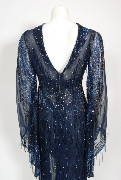 1970&#39;s Bob Mackie For Debbie Reynolds Documented Blue Beaded Silk High-Slit Gown