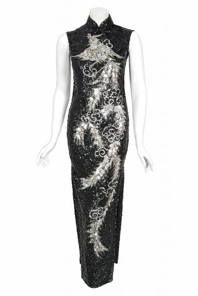1960&#39;s Black &amp; Silver Sequin Beaded Phoenix Bird Hourglass Cheongsam Gown