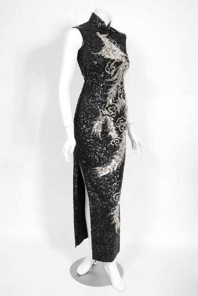 1960&#39;s Black &amp; Silver Sequin Beaded Phoenix Bird Hourglass Cheongsam Gown
