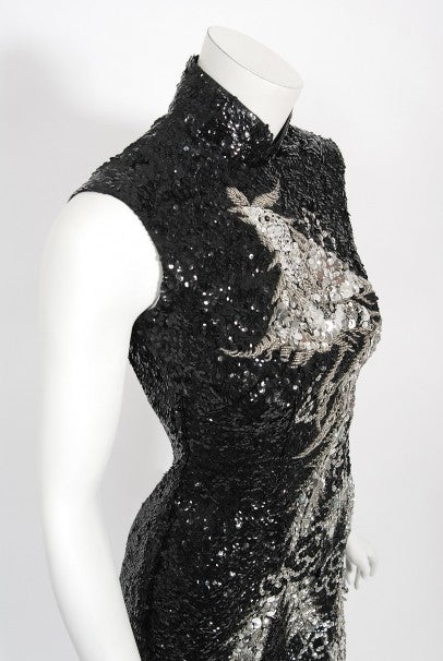 1960&#39;s Black &amp; Silver Sequin Beaded Phoenix Bird Hourglass Cheongsam Gown