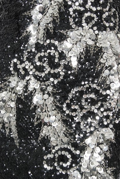 1960&#39;s Black &amp; Silver Sequin Beaded Phoenix Bird Hourglass Cheongsam Gown