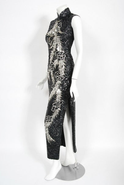 1960&#39;s Black &amp; Silver Sequin Beaded Phoenix Bird Hourglass Cheongsam Gown