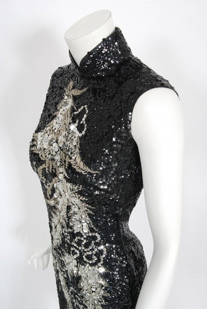 1960&#39;s Black &amp; Silver Sequin Beaded Phoenix Bird Hourglass Cheongsam Gown