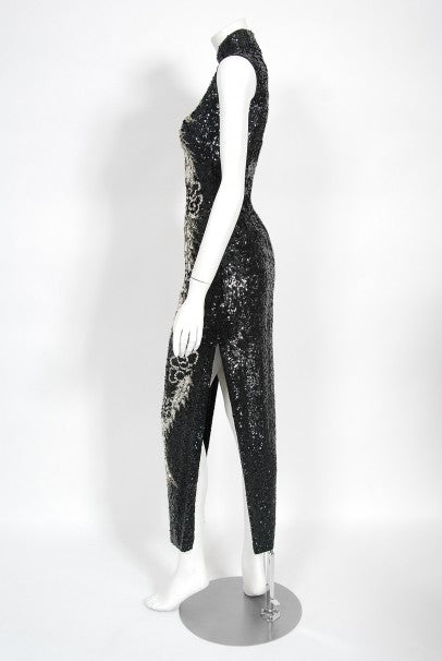 1960&#39;s Black &amp; Silver Sequin Beaded Phoenix Bird Hourglass Cheongsam Gown