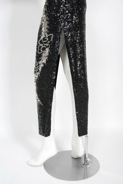 1960&#39;s Black &amp; Silver Sequin Beaded Phoenix Bird Hourglass Cheongsam Gown
