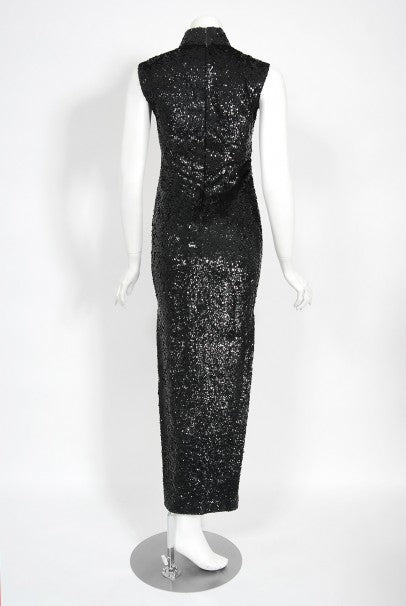 1960&#39;s Black &amp; Silver Sequin Beaded Phoenix Bird Hourglass Cheongsam Gown