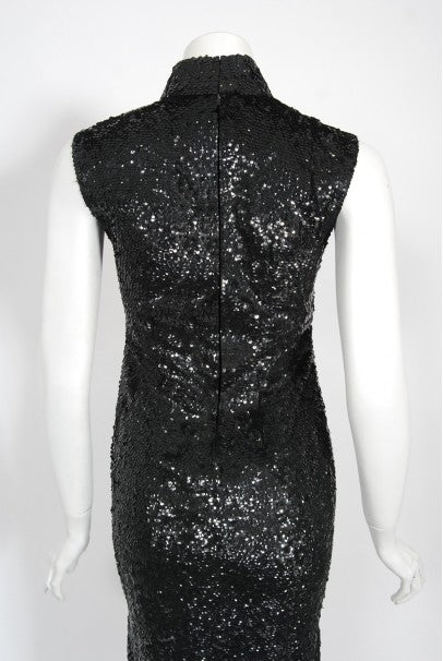 1960&#39;s Black &amp; Silver Sequin Beaded Phoenix Bird Hourglass Cheongsam Gown