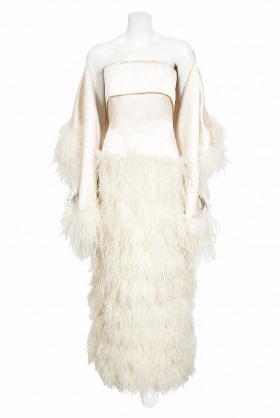 1960&#39;s Arnold Scaasi Couture Ivory Satin Feather Strapless Gown w/ Shawl