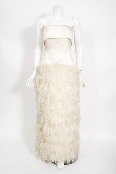 1960&#39;s Arnold Scaasi Couture Ivory Satin Feather Strapless Gown w/ Shawl