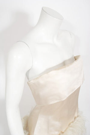 1960's Arnold Scaasi Couture Ivory Satin Feather Strapless Gown w/ Shawl