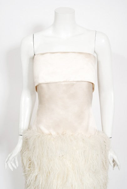 1960&#39;s Arnold Scaasi Couture Ivory Satin Feather Strapless Gown w/ Shawl