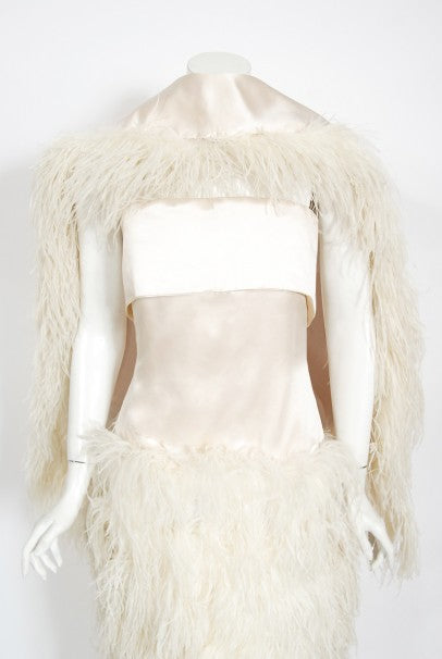 1960&#39;s Arnold Scaasi Couture Ivory Satin Feather Strapless Gown w/ Shawl