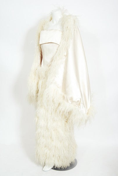 1960&#39;s Arnold Scaasi Couture Ivory Satin Feather Strapless Gown w/ Shawl