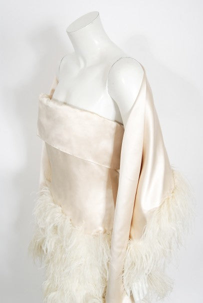 1960&#39;s Arnold Scaasi Couture Ivory Satin Feather Strapless Gown w/ Shawl
